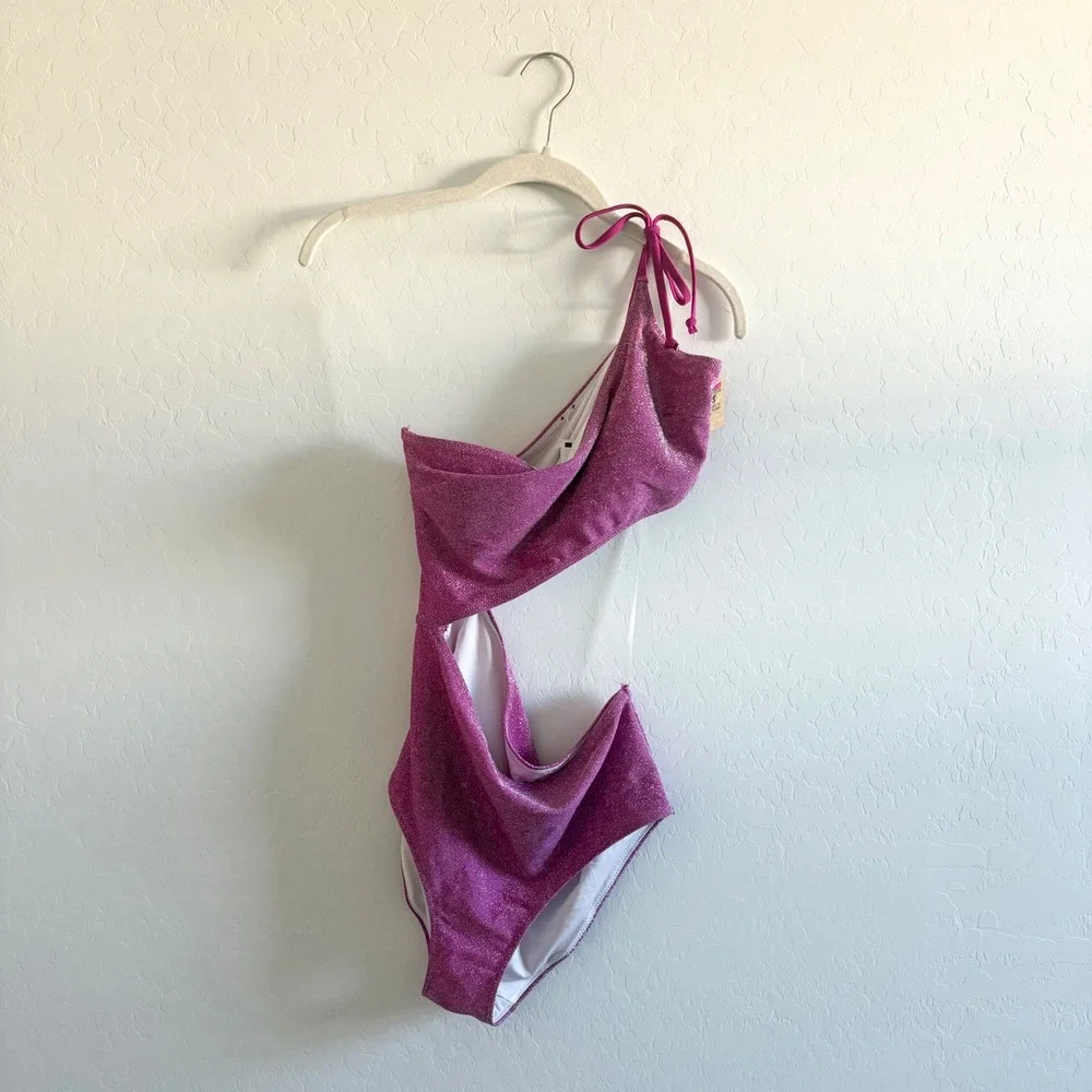 PINK Victoria's Secret One Shoulder Cut Out Monokini Purple Pink Sparkle Med NWT